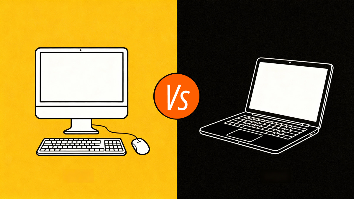Desktop vs laptop hero illustration, desktop computer laptop computer side by side